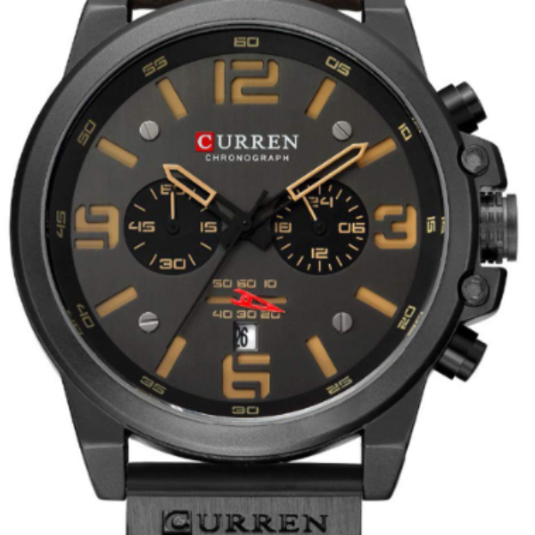 ساعة يد مقاومة للماء بعقارب طراز أسود بسوار جلد فاخر لون جملي للرجال